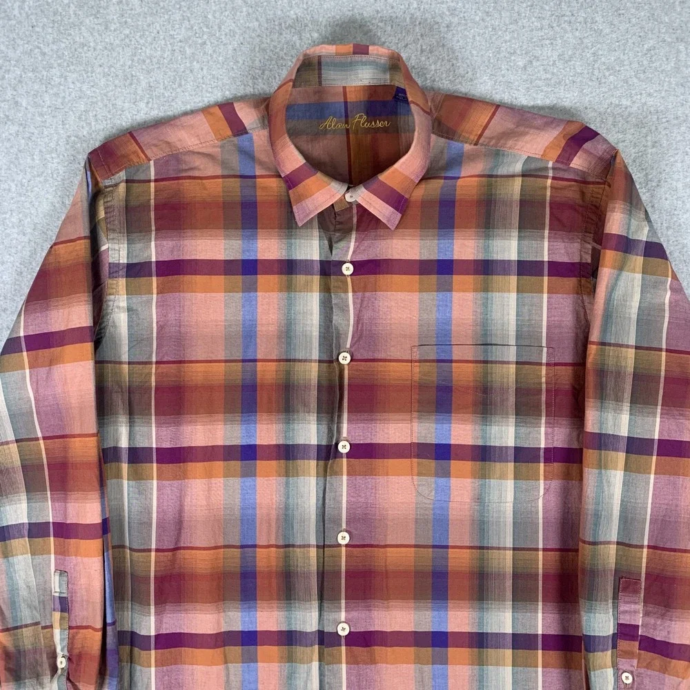 Alan Flusser Button Down Shirt Mens Large Multi Plaid Long Sleeve Cotton